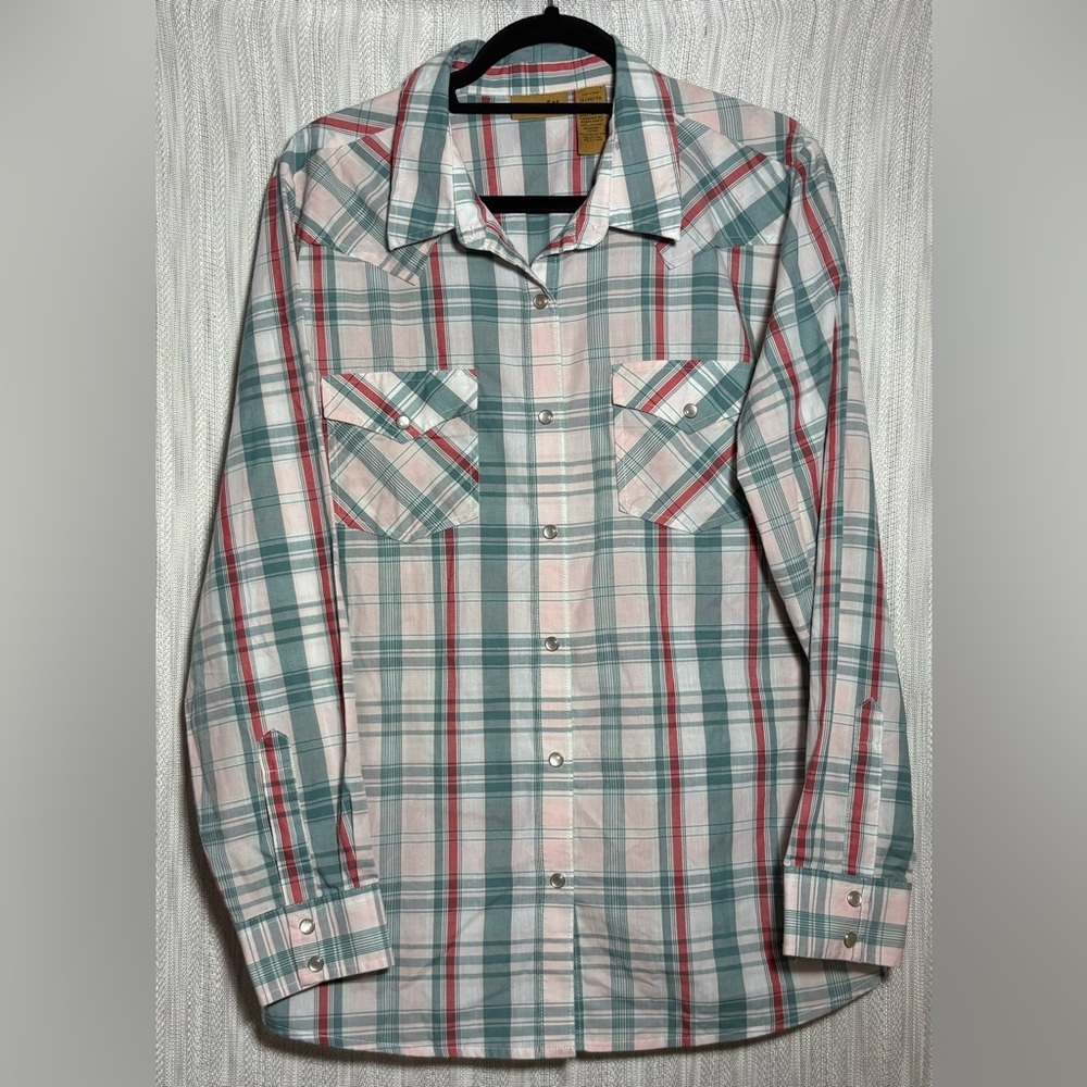 Wrangler Plaid Button-Down Shirt in Pink, Teal & White